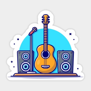 Guitar Acoustic with Microphone and Sound Speaker Music Cartoon Vector Icon Illustration Sticker